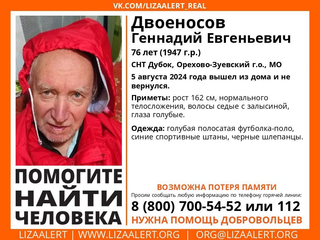 Внимание! Помогите найти человека!
Пропал #Двоеносов Геннадий Евгеньевич, 76 лет, СНТ Дубок, Орехово-Зуевский г